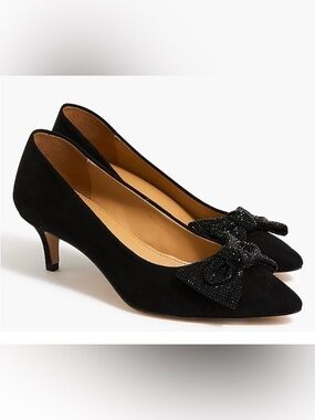 J.Crew Factory Crystal Bow Poly-Velvet Kitten Heels Black Size 8 Cocktail Party
